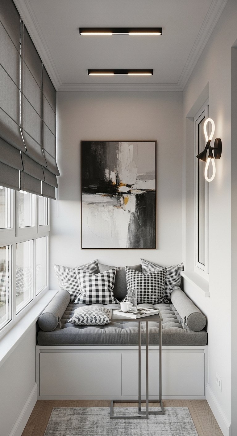 Niche de lecture aménagée sur un balcon étroit avec une banquette intégrée grise