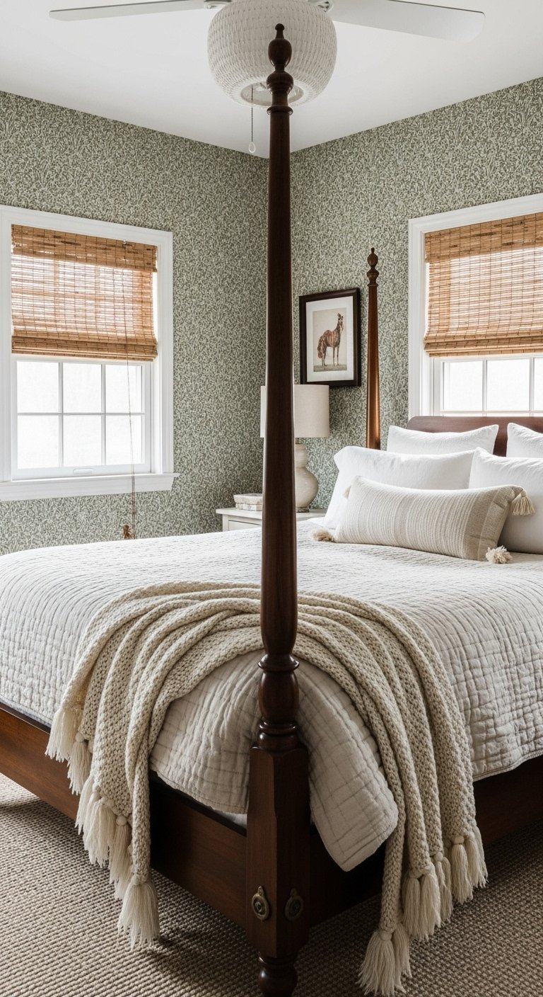 Papier peint a petit motif floral vert dans une chambre farmhouse avec lit a baldaquin