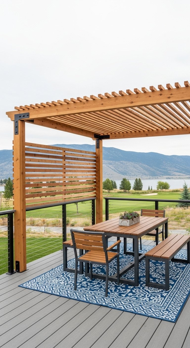 Pergola en bois sur une terrasse avec vue sur un lac et un terrain de golf