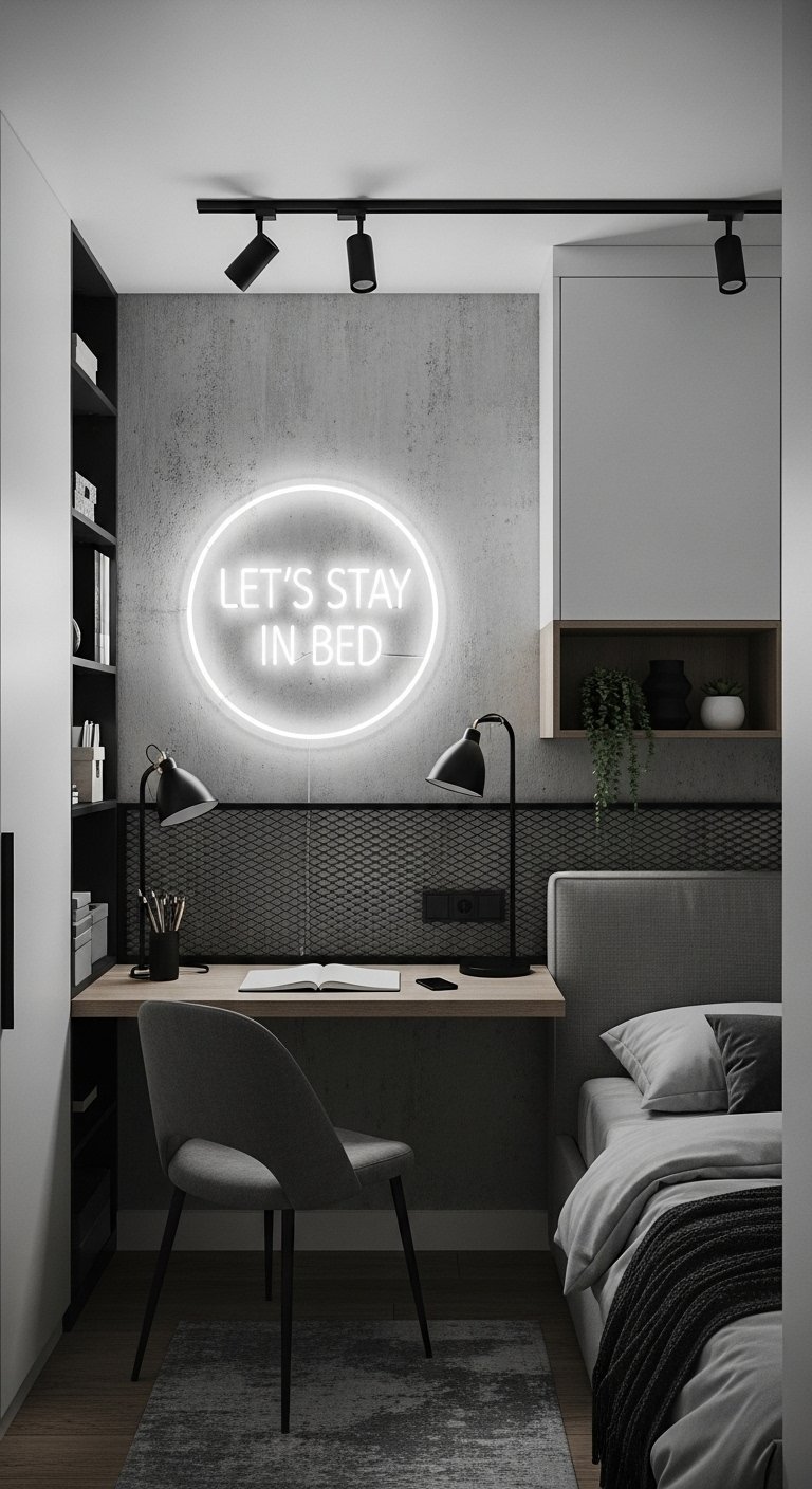 Petite chambre de style industriel avec un néon mural et un bureau intégré