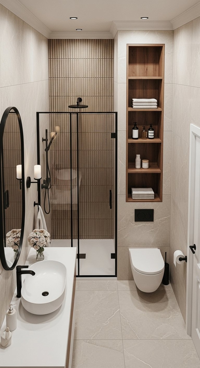Petite salle de bain avec mur en tasseaux de bois et douche verrière noire