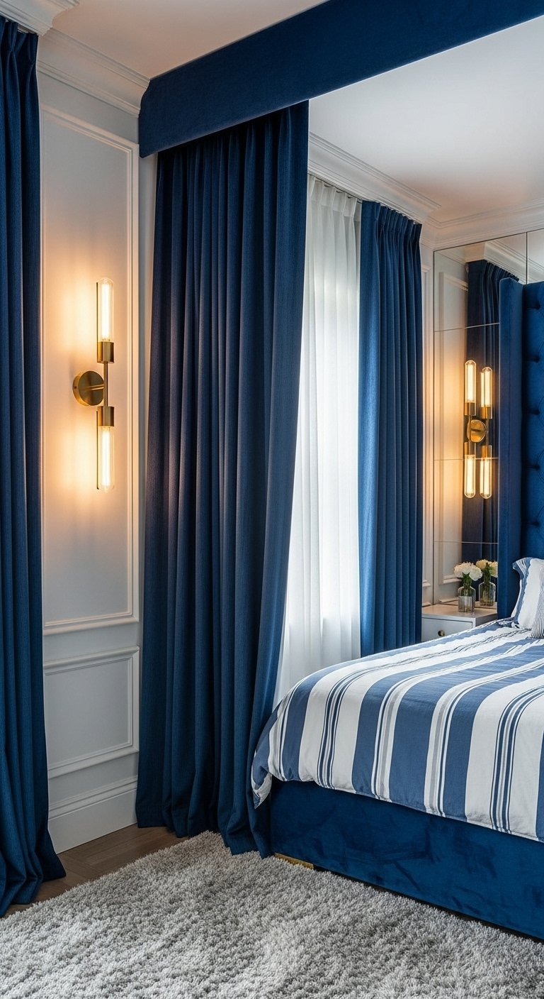Rideaux bleu fonce encadrant une tete de lit dans une chambre d hotel