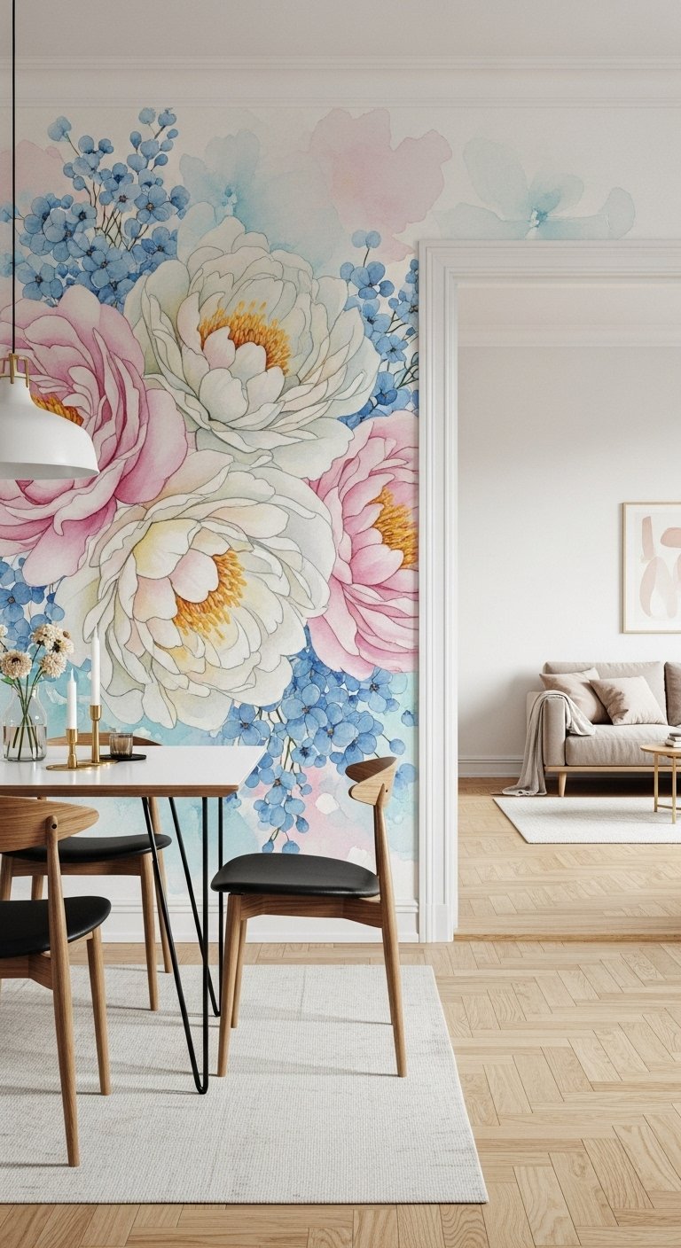 Salle à manger avec un papier peint panoramique de pivoines géantes style aquarelle