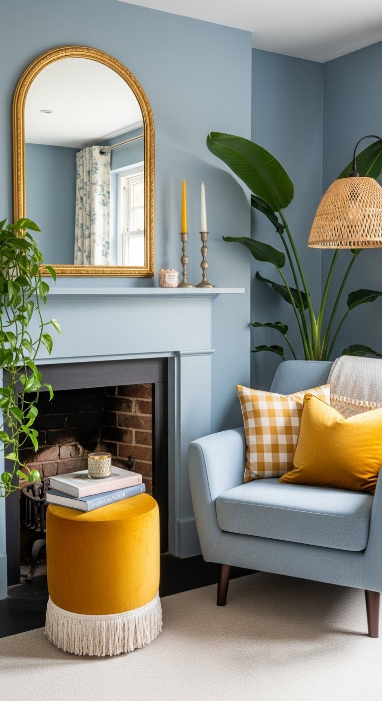 Salon avec murs et cheminee peints en bleu gris et touches de jaune