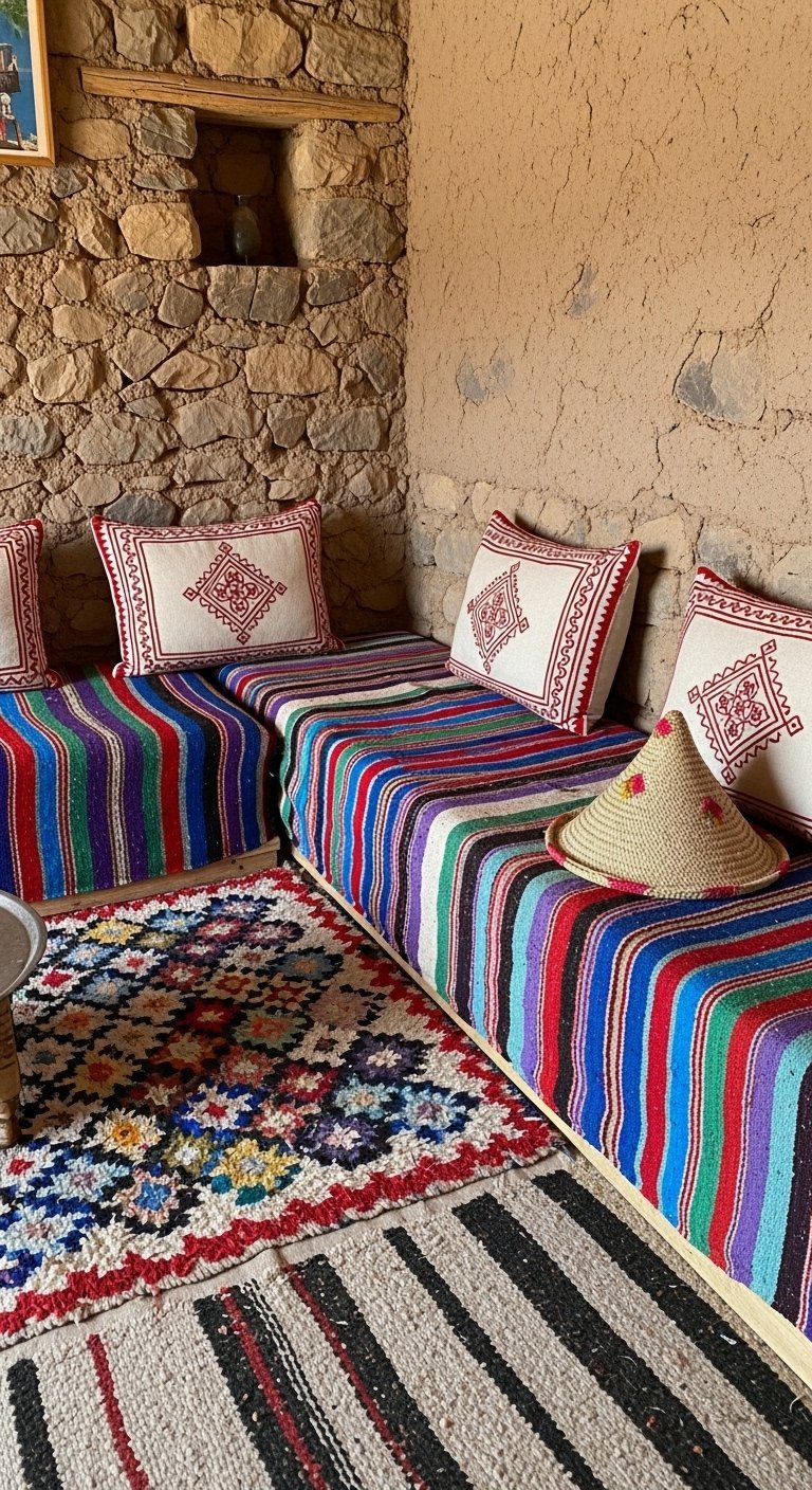 Salon berbère rustique avec murs en pierre et couvertures rayées colorées