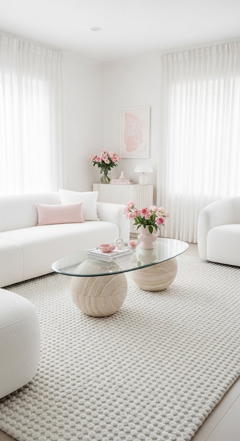 Salon minimaliste blanc avec canape aux formes courbes et table basse en travertin
