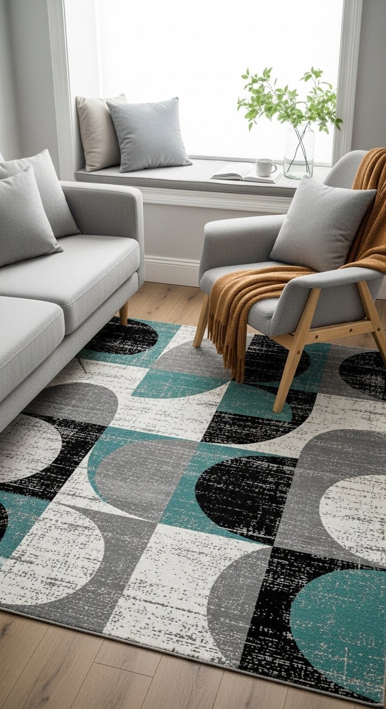 Tapis de salon à motifs géométriques semi circulaires en noir gris et sarcelle