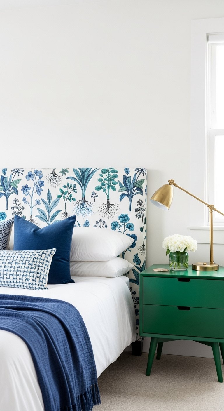 Tete de lit recouverte de tissu a motif botanique bleu et vert