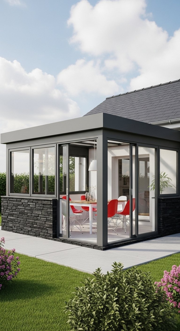 Véranda moderne avec base en pierre et chaises de salle à manger rouges