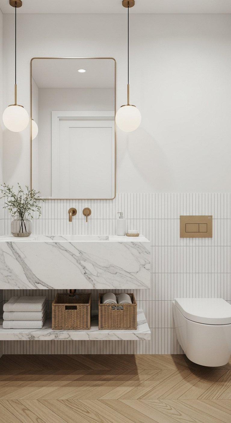 WC minimaliste chic avec grand lavabo en marbre et suspensions dorées