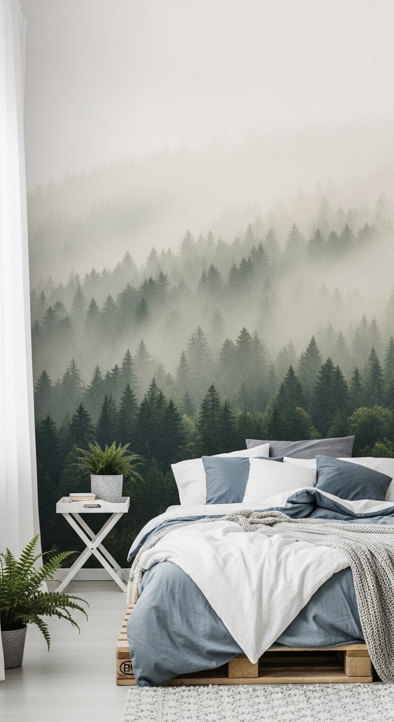 Chambre avec papier peint panoramique de forêt de sapins dans la brume