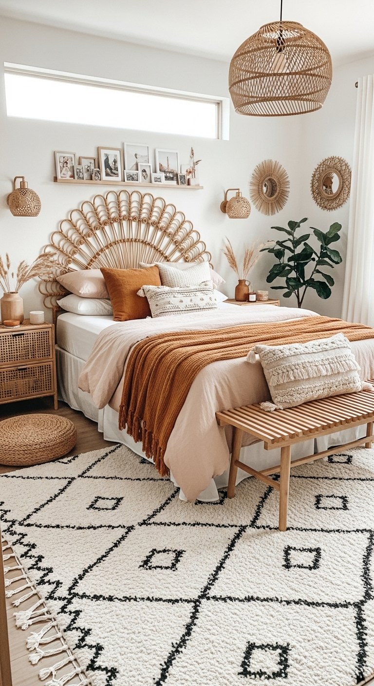 Chambre bohème avec tête de lit en rotin en forme de paon