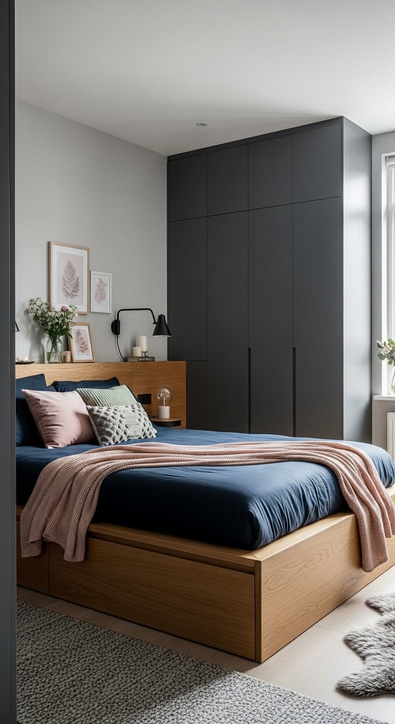 Chambre contemporaine avec lit en bois et grande armoire noire sans poignées