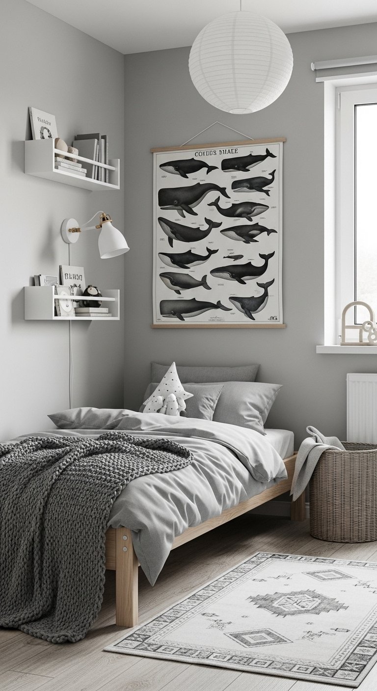 Chambre de garçon de style scandinave avec un lit en bois clair et une affiche de baleines