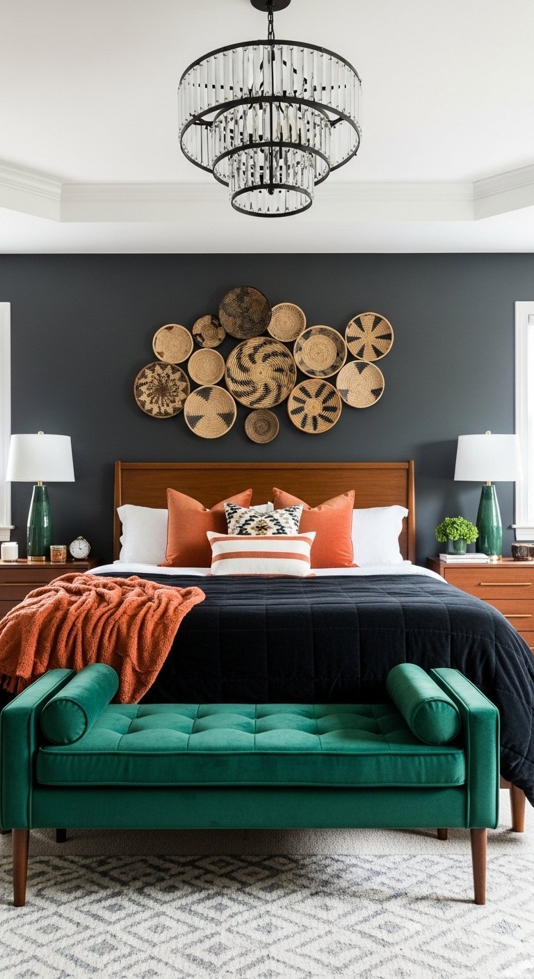 Chambre éclectique avec mur d accent anthracite et paniers muraux tissés