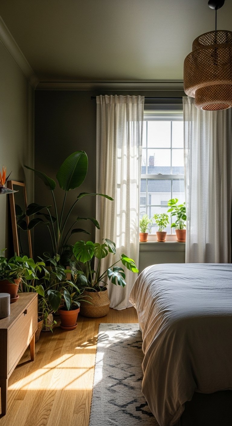 Chambre lumineuse avec murs vert foncé et grande fenêtre laissant entrer le soleil