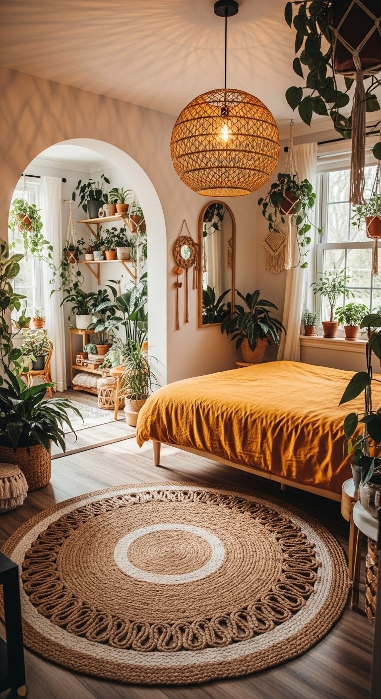 Chambre naturelle avec une arche et un grand tapis en jute rond