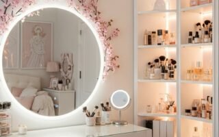 Coin coiffeuse chic dans une chambre de femme avec un miroir rond illuminé