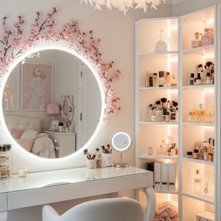 Coin coiffeuse chic dans une chambre de femme avec un miroir rond illuminé