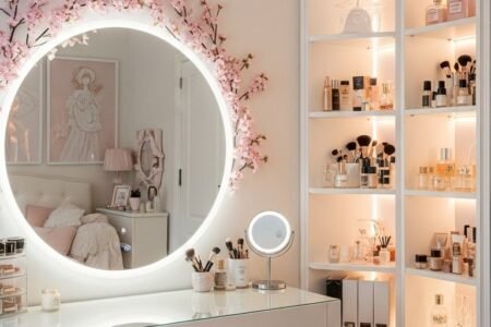 Coin coiffeuse chic dans une chambre de femme avec un miroir rond illuminé
