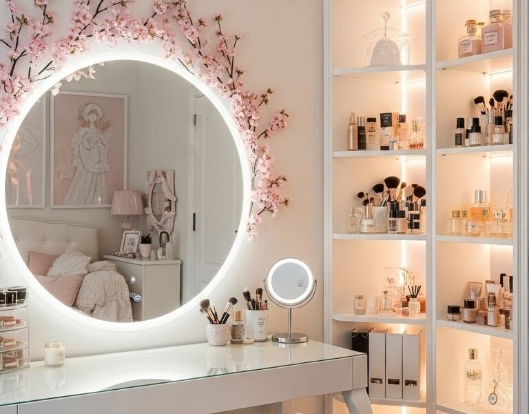 Coin coiffeuse chic dans une chambre de femme avec un miroir rond illuminé