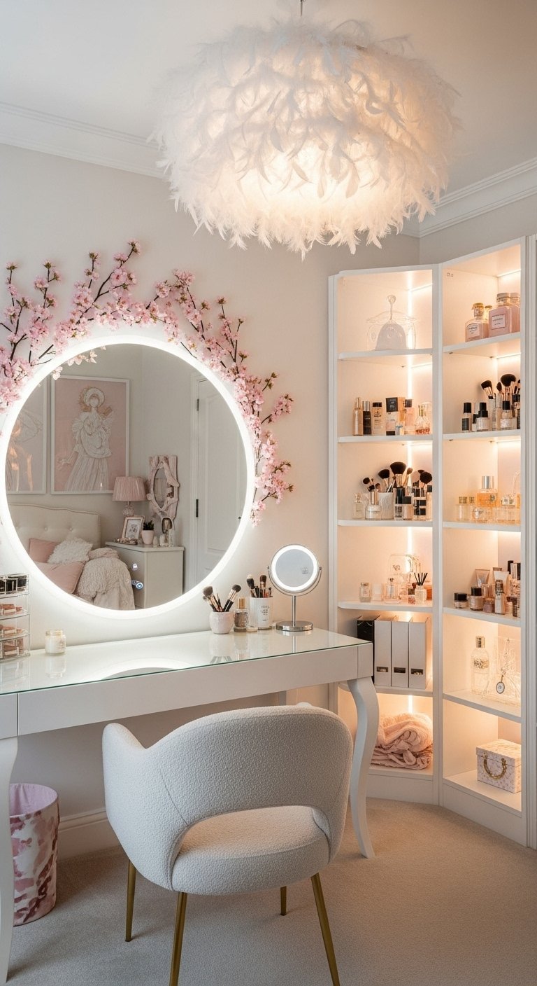 Coin coiffeuse chic dans une chambre de femme avec un miroir rond illuminé