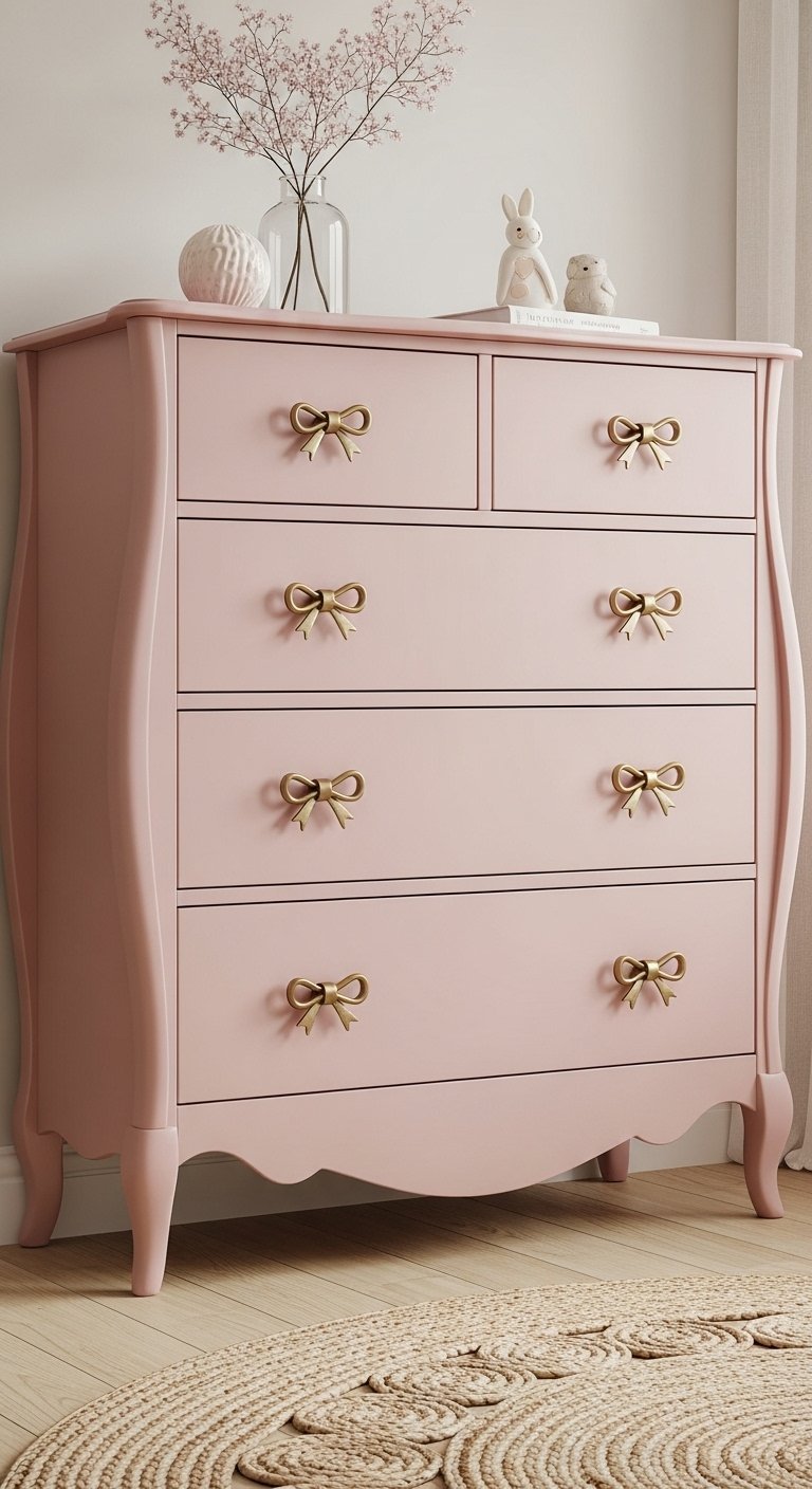 Commode de style baroque rose poudré avec poignées dorées en forme de nœud