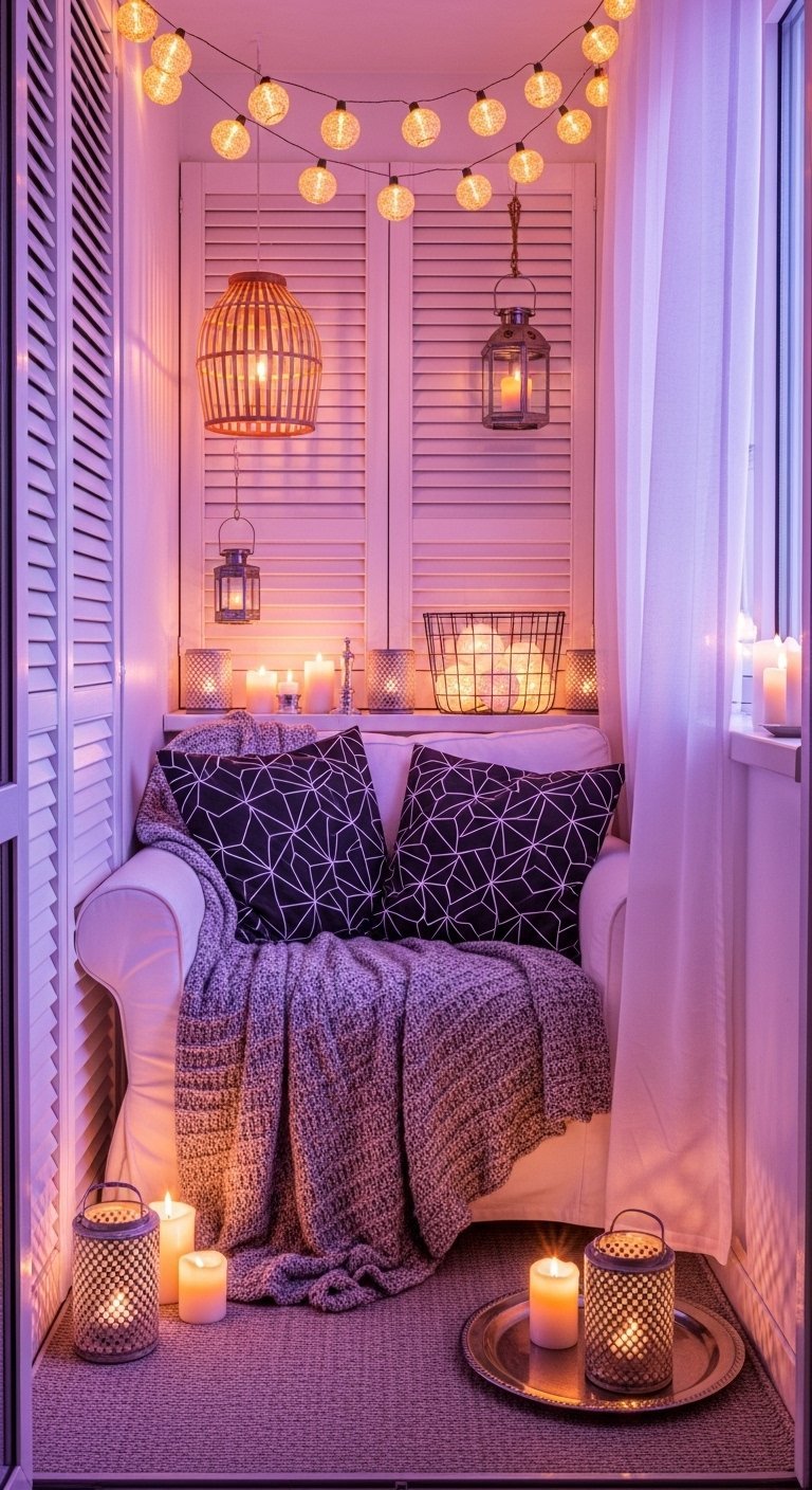 Decoration petit balcon tres etroit avec fauteuil blanc et ambiance lumineuse violette