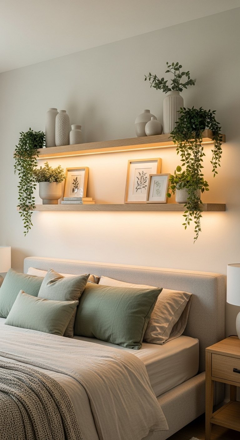 Etagere flottante lumineuse en bois clair au dessus d un lit avec des coussins verts