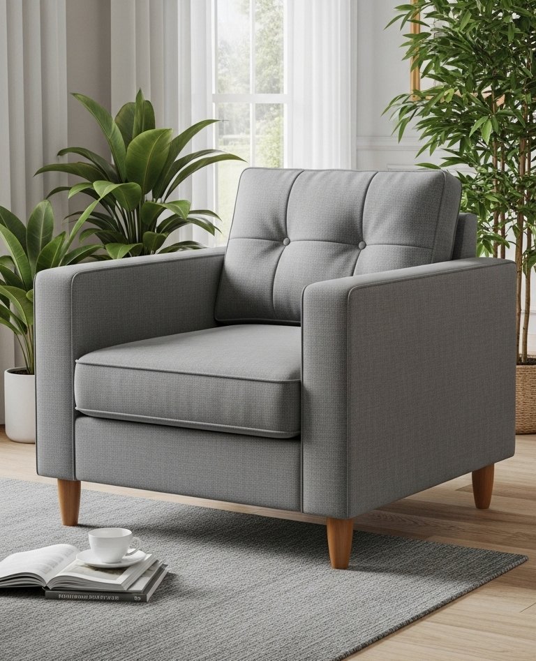 Fauteuil simple et moderne en tissu gris avec un dossier capitonné et des pieds en bois