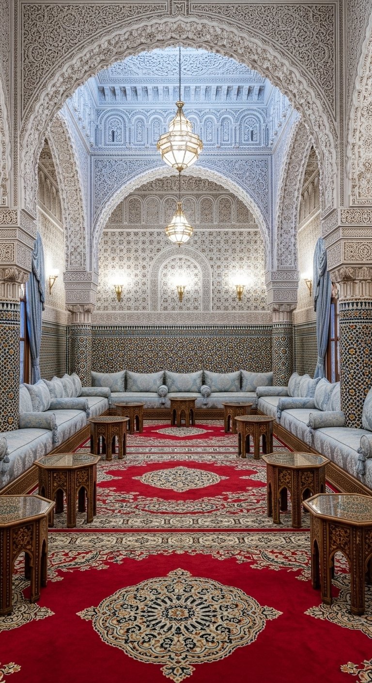 Grand salon marocain avec très hauts plafonds en plâtre sculpté et sedari bleu pâle