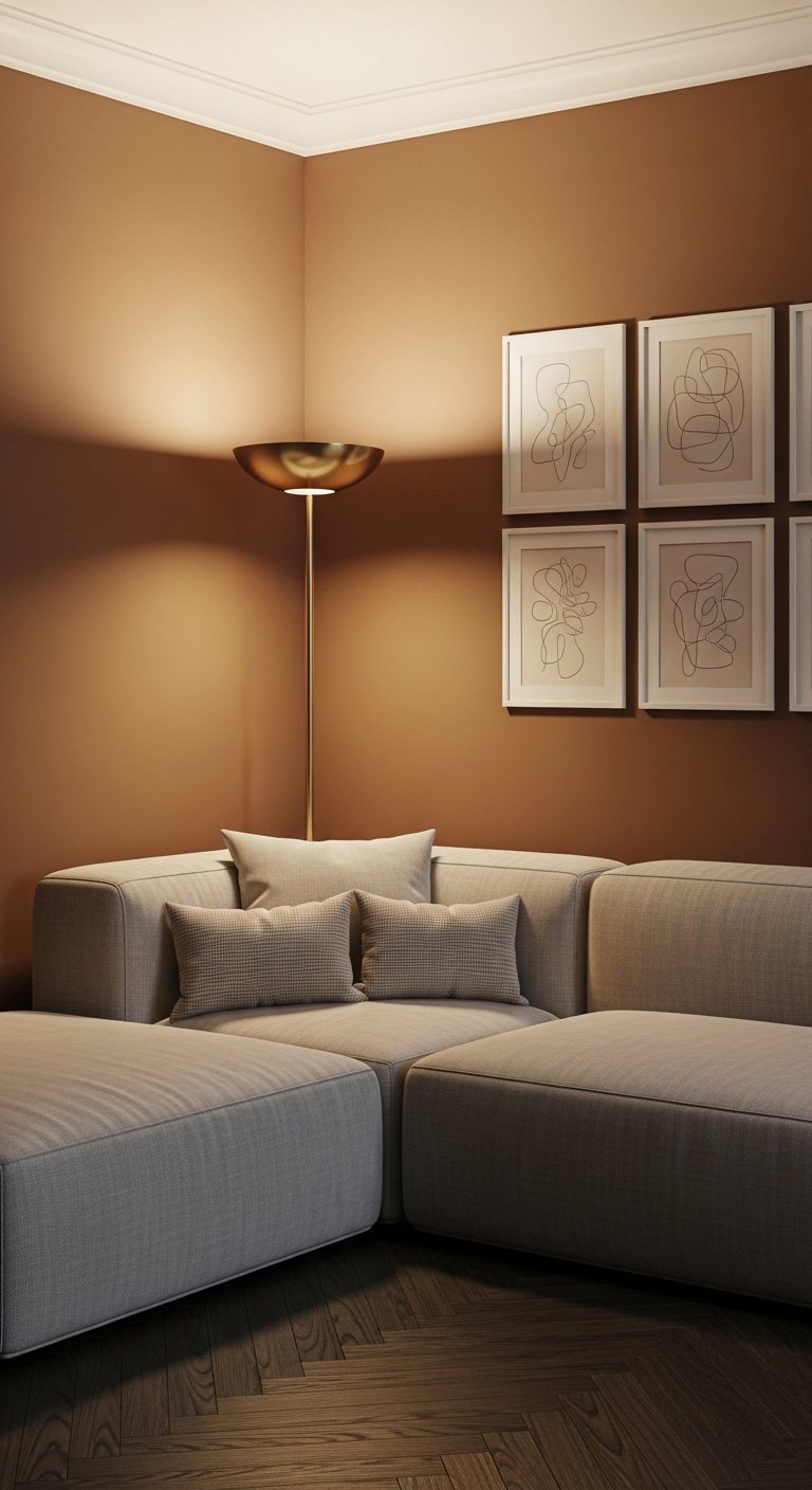 Lampadaire doré éclairant vers le haut dans un coin salon