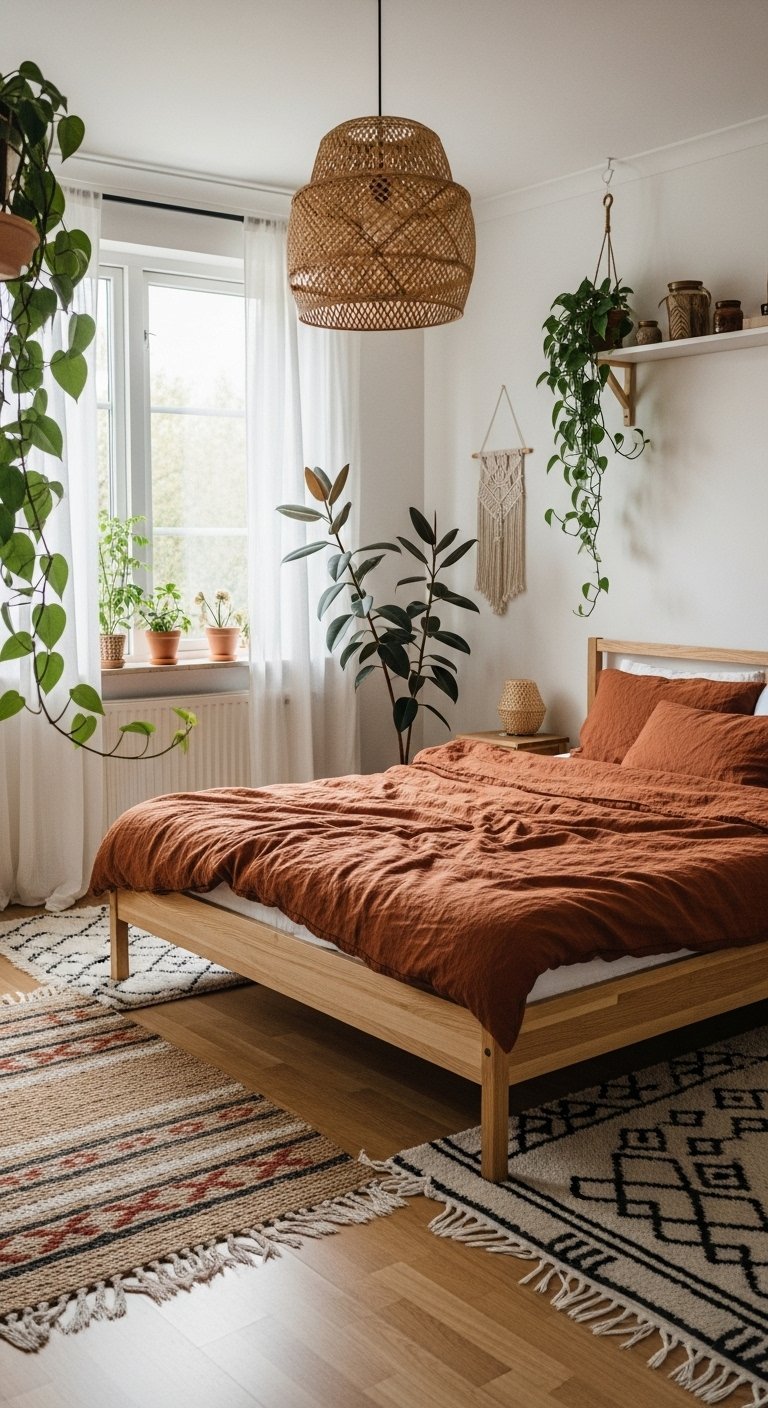Lit en bois avec parure de lit en lin couleur terracotta dans une chambre bohème