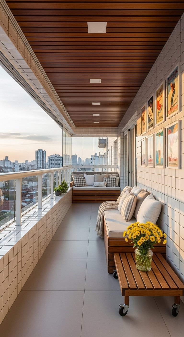 Long balcon filant aménagé avec de longues banquettes en bois et vue sur la ville