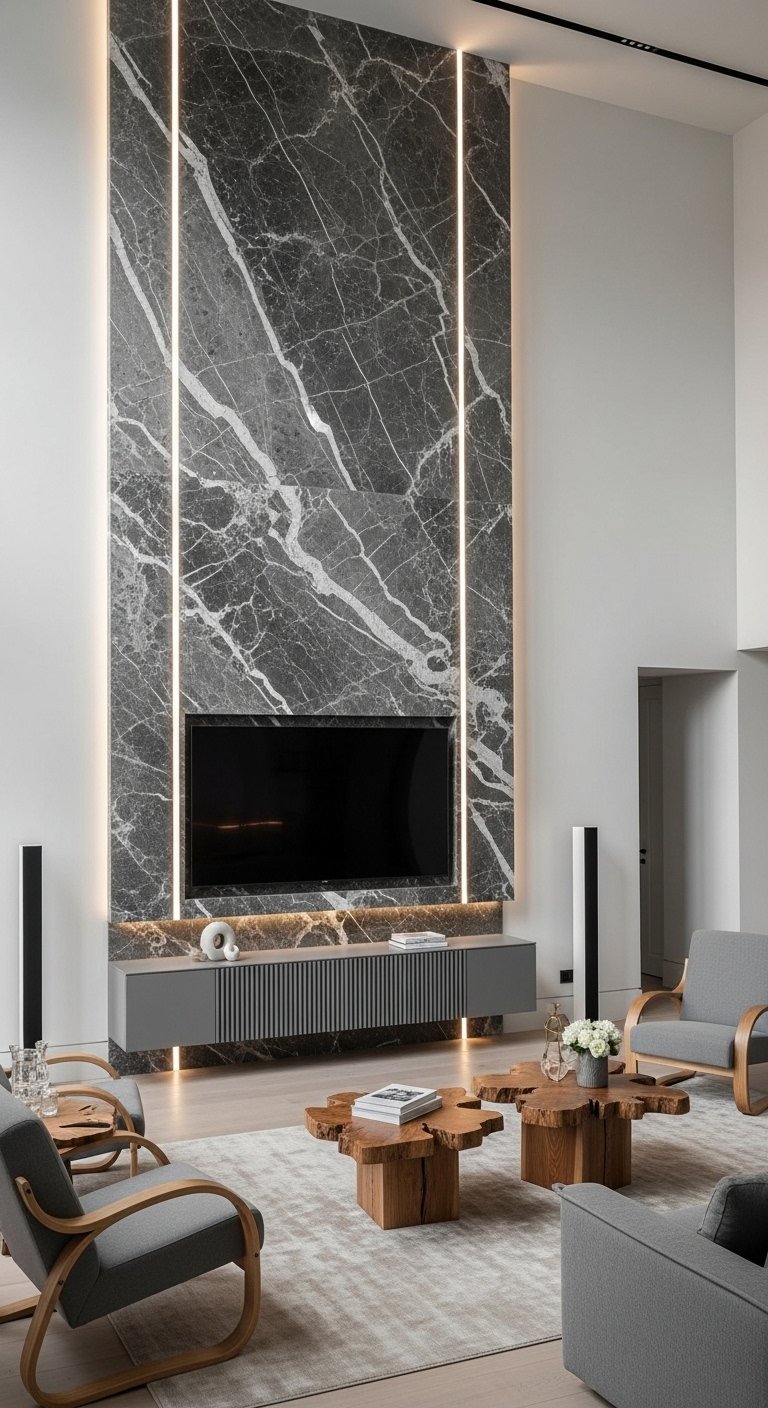 Mur TV en marbre noir du sol au plafond avec éclairage LED