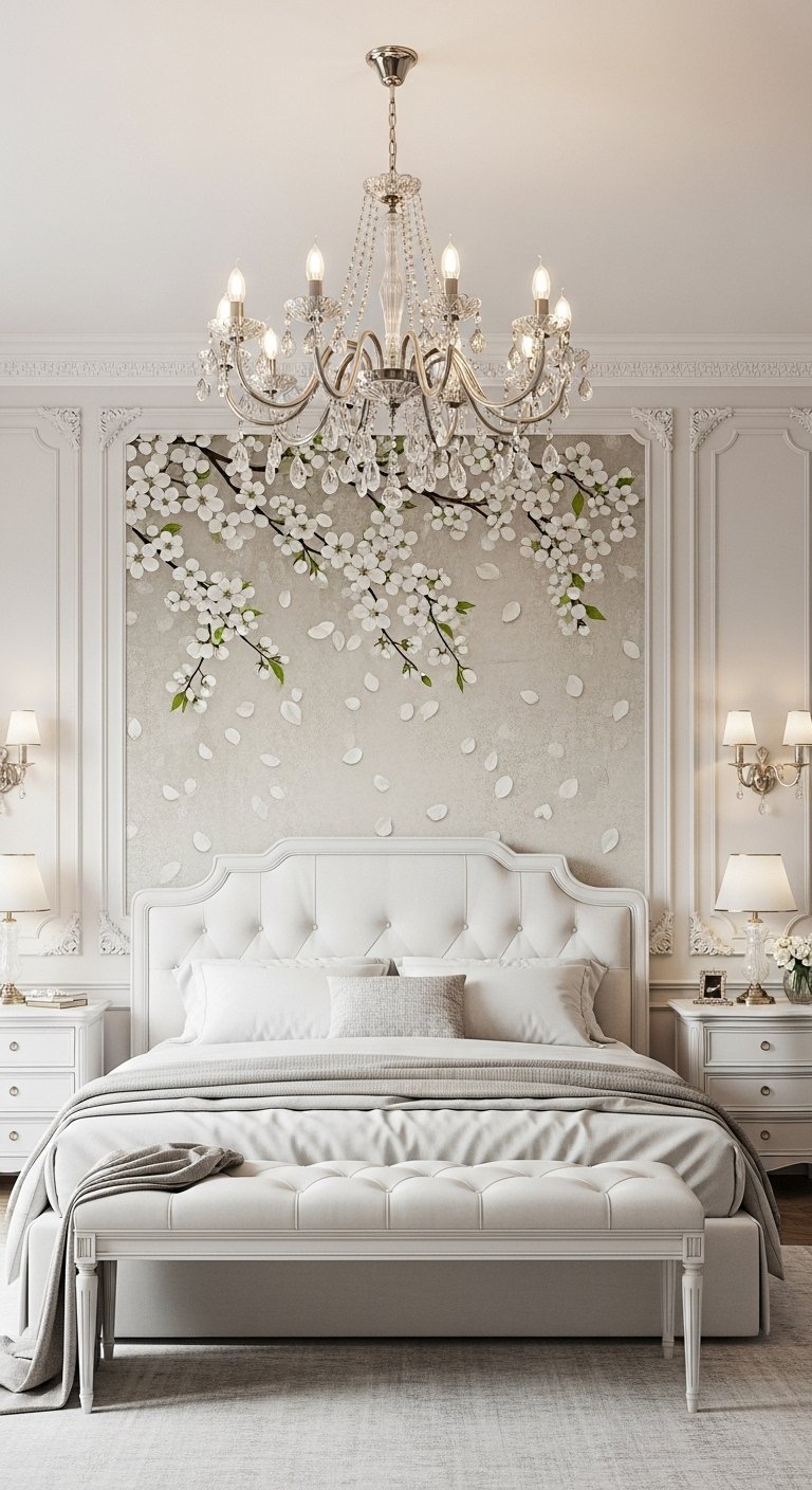 Papier peint floral blanc style D avec fleurs de cerisier dans une alcove de chambre