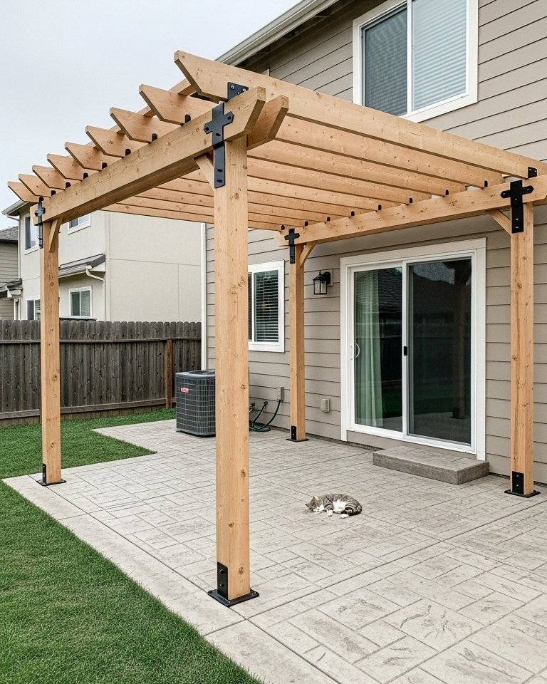 Pergola simple en bois naturel avec quincaillerie noire sur un patio en béton