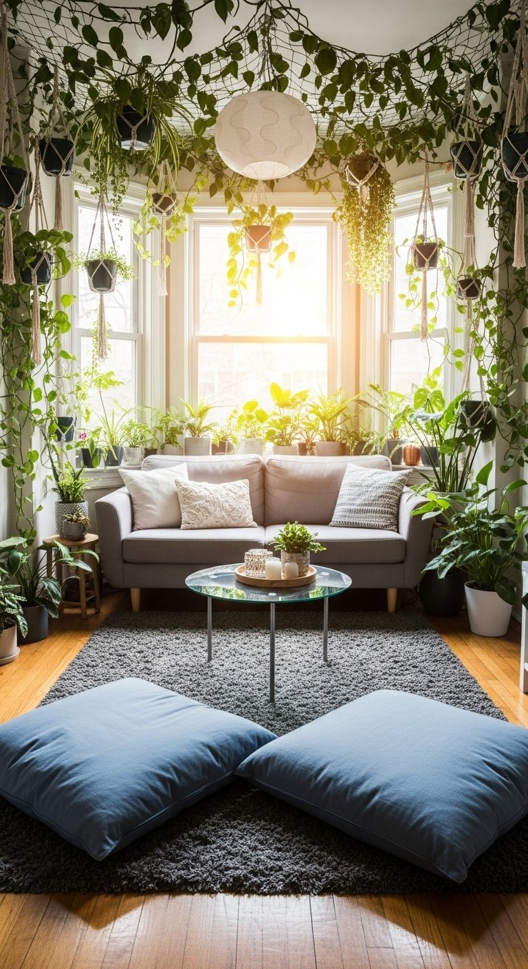 Petit salon avec canapé gris entouré de plantes devant une fenêtre en saillie