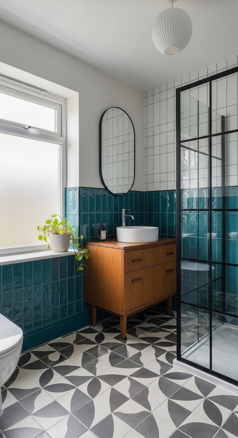 Petite salle de bain tendance avec carrelage bicolore bleu pétrole et sol graphique