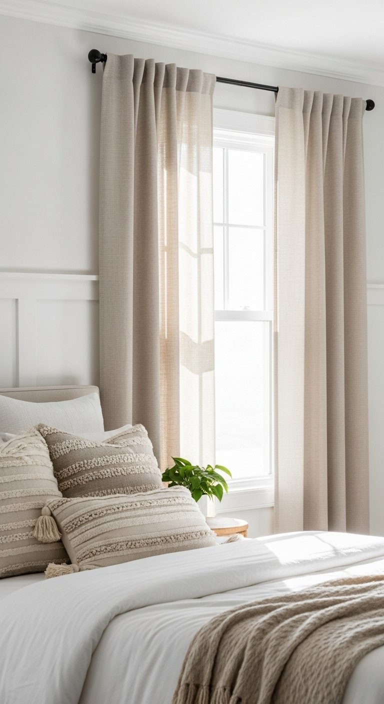 Rideaux en lin beige clair dans une chambre boheme avec des coussins a pompons