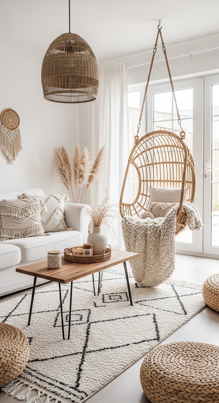 Salon boheme chic avec fauteuil suspendu en rotin et tapis berbere