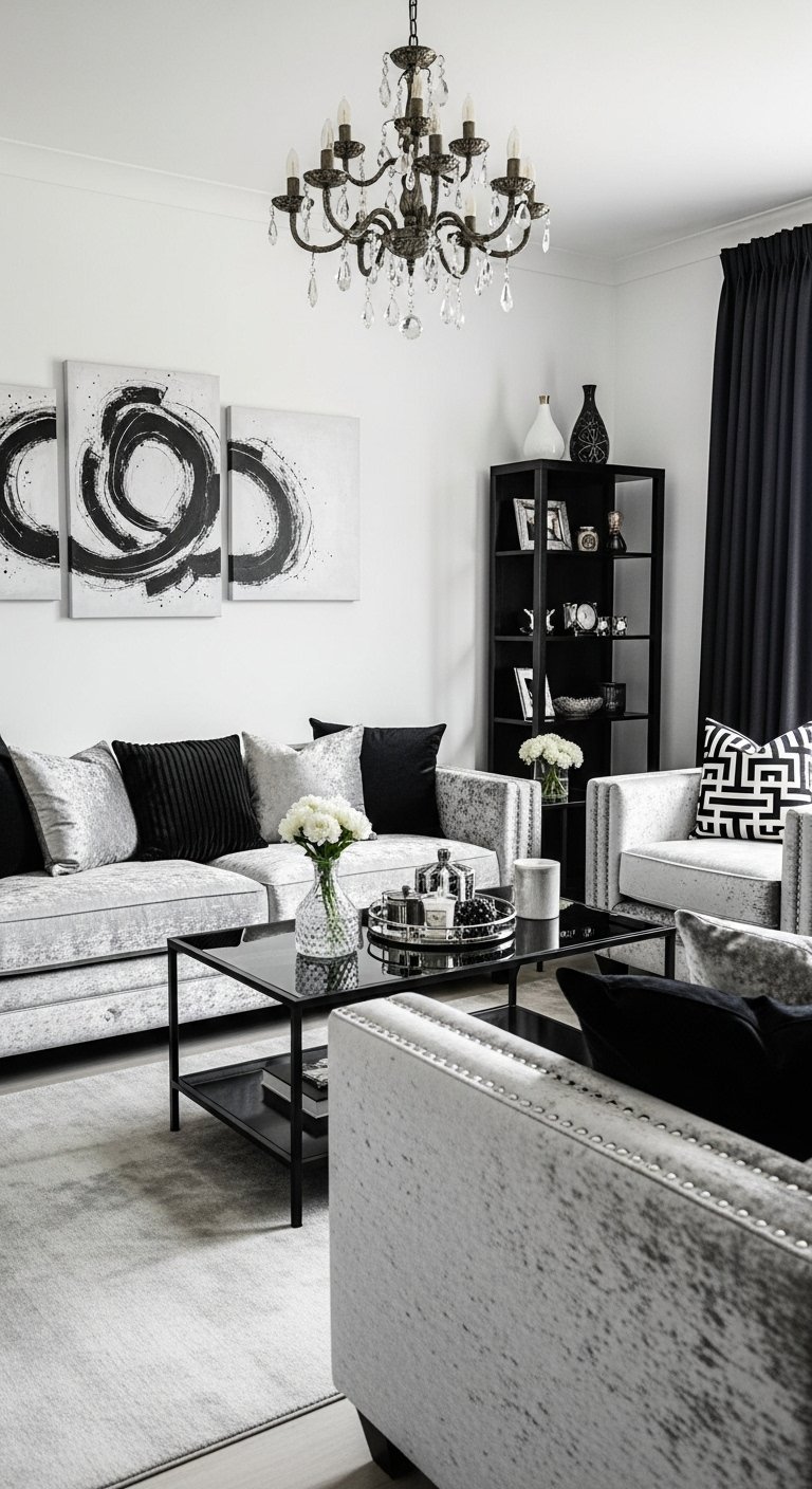 Salon elegant en noir et blanc avec des murs blancs eclatants