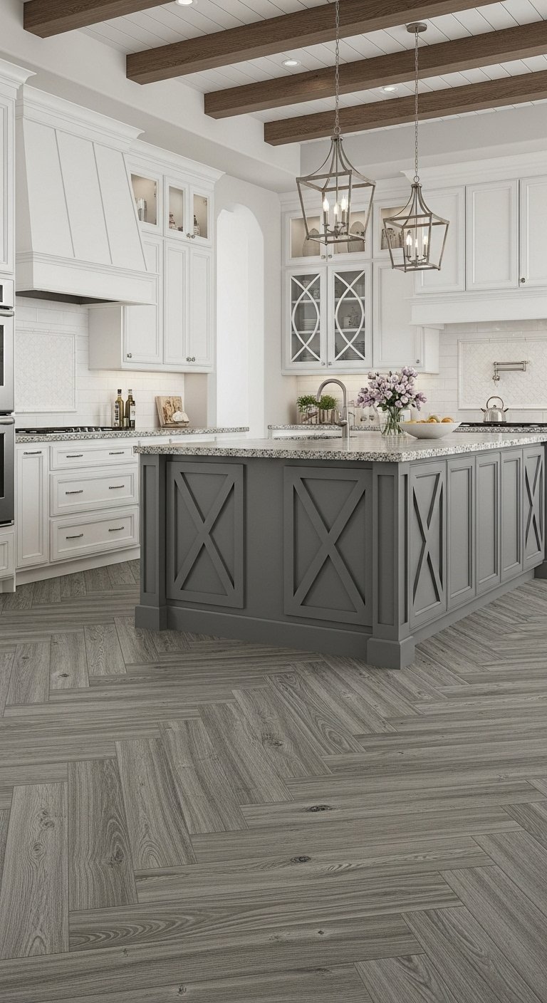 Sol de cuisine en carrelage imitation parquet gris pose en chevron