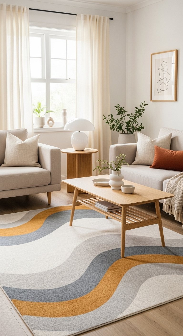 Tapis de salon moderne avec un motif de vagues de couleur ocre et grise