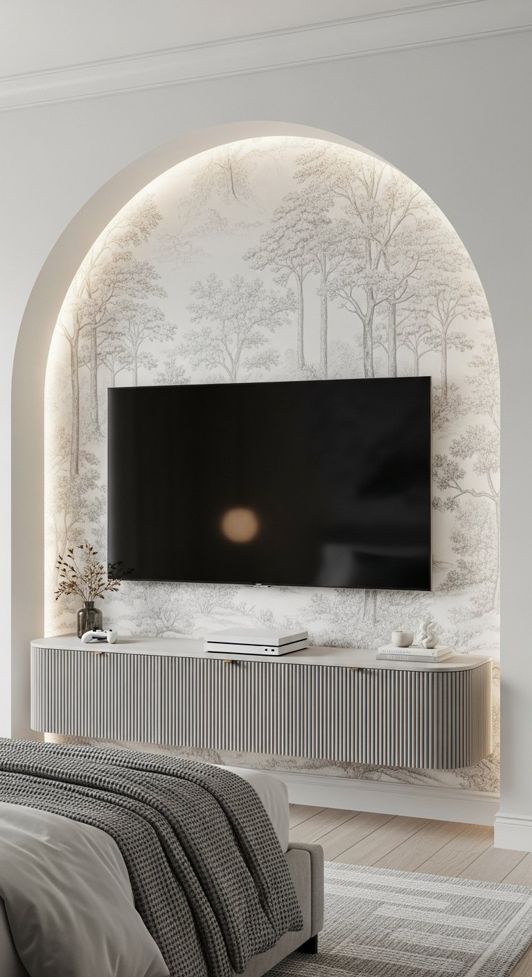 Télévision installée dans une niche murale en forme d arche avec du papier peint à motifs d arbres.