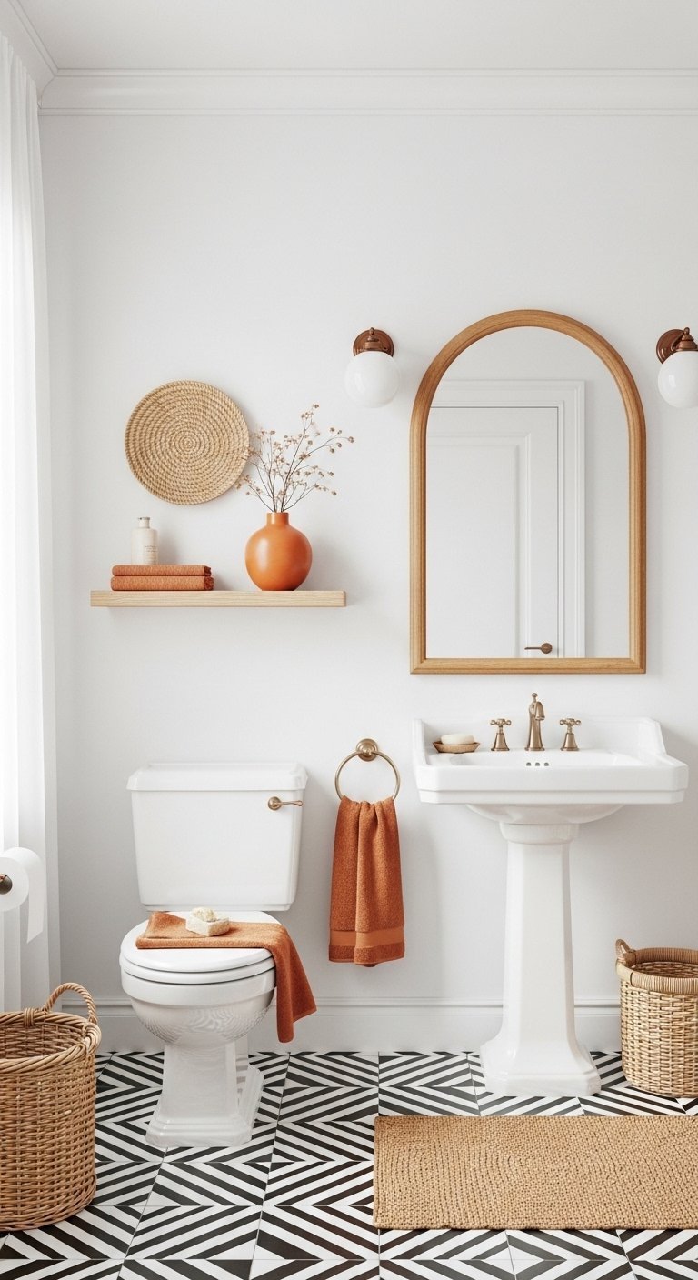 Toilettes avec carrelage graphique noir et blanc et touches de couleur terracotta