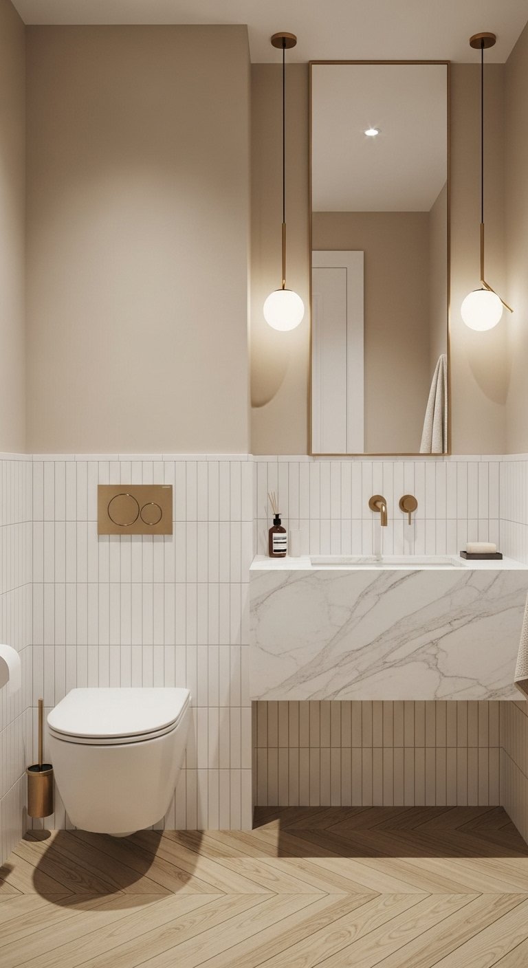 WC chic aux tons neutres avec lavabo en marbre et parquet en chêne