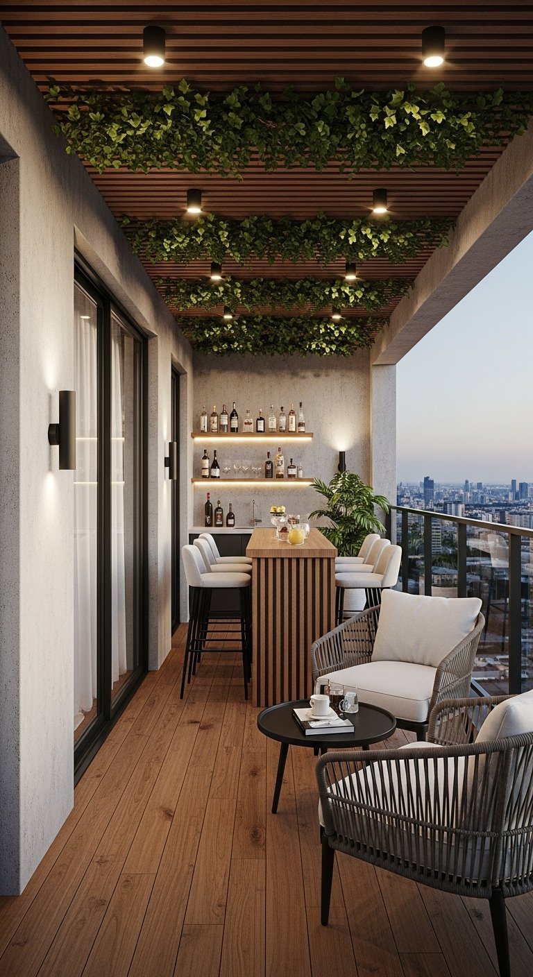 Aménagement de balcon avec un îlot bar central et un plafond végétalisé