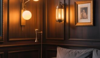 Appliques murales design et lanterne dans un salon en bois sombre