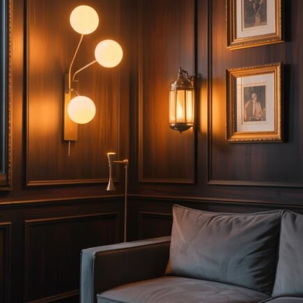 Appliques murales design et lanterne dans un salon en bois sombre